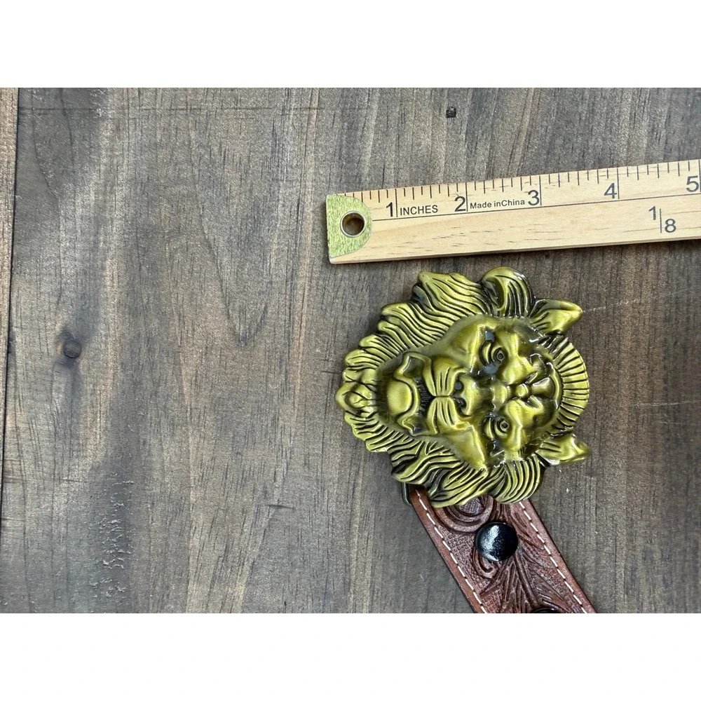 Vintage Lion Head Buckle Belt Full Grain Leather Tooled Western USA Size 48